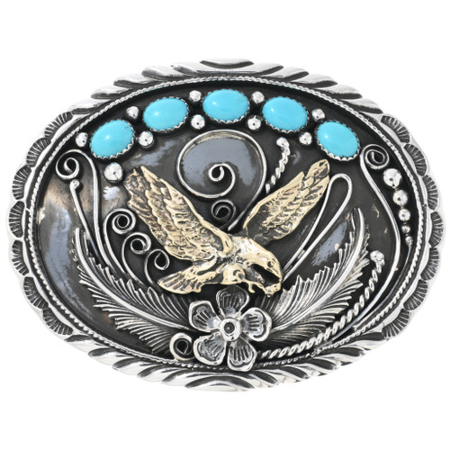Navajo Turquoise Silver Golden Eagle Belt Buckle Sterling  display picture 2