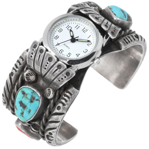 Old Pawn Turquoise Coral Silver Watch Cuff Ladies Sterling Sleeping ...