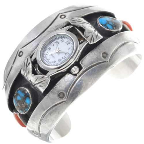 Old Pawn Turquoise Coral Silver Watch Cuff Ladies Sterling Design 34860