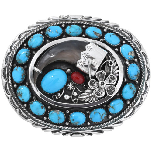 Navajo Turquoise coral Silver Bear Claw Belt Buckle Sterling