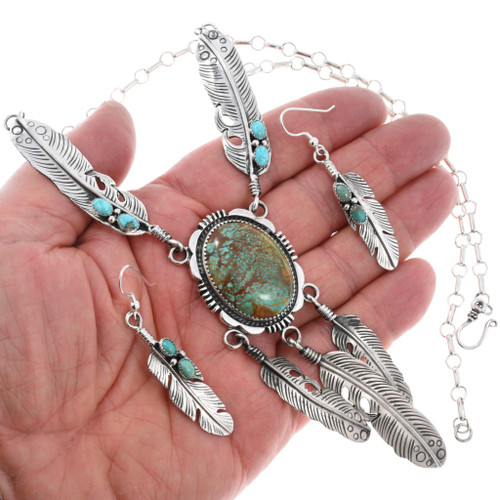 Pretty Genuine Turquoise Silver Ladies Feather Necklace Set 40239