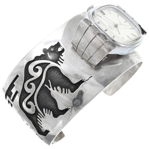Michael Sockyma Old Pawn Hopi Silver Bear Mens Watch Cuff 40911