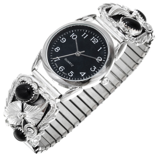 Native American Mens Onyx Silver Watch Sterling 40954