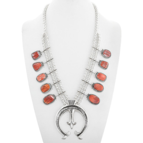 Gorgeous Navajo Spiny Oyster Silver Squash Blossom Necklace 41124