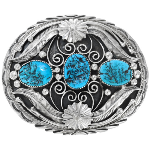 1960s Native American NAVAJO Sterling Silver Belt Buckle Block Turquoise Added XL Antique Sterling Silver Turquoise Native American Navajo  main image 3