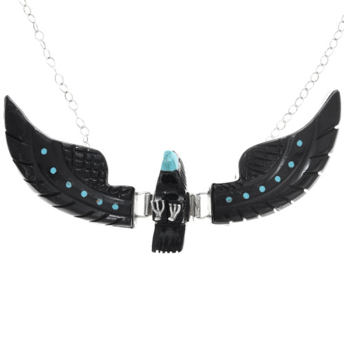 Navajo Carved Jet Turquoise Eagle Silver Necklace on Chain 41150
