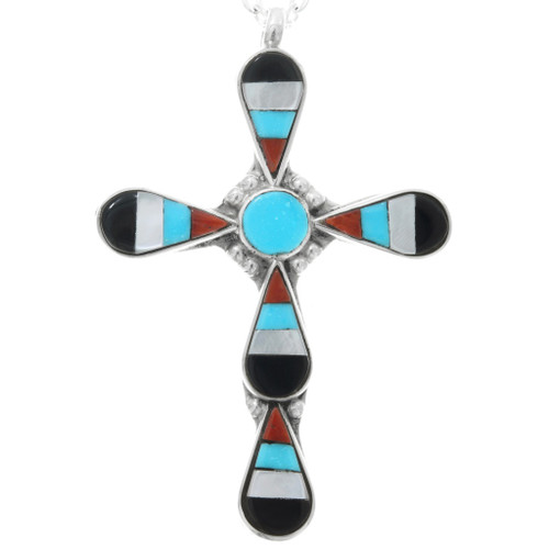 Zuni Inlaid Turquoise Shell Silver Cross Pendant With Chain 41794