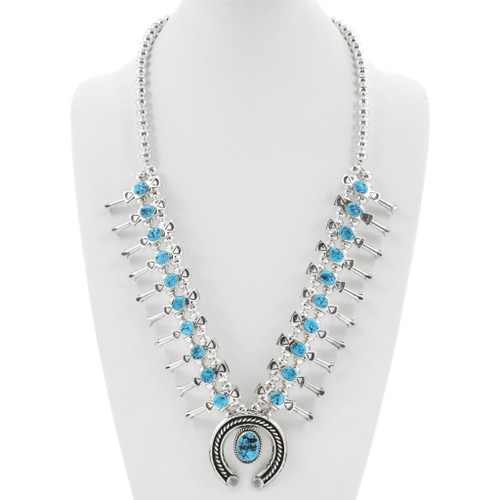 Navajo Turquoise Silver Squash Blossom Necklace 28