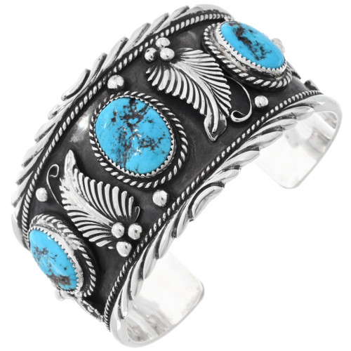 Sterling Silver Three Stone Turquoise Floral Design Bracelet 43324