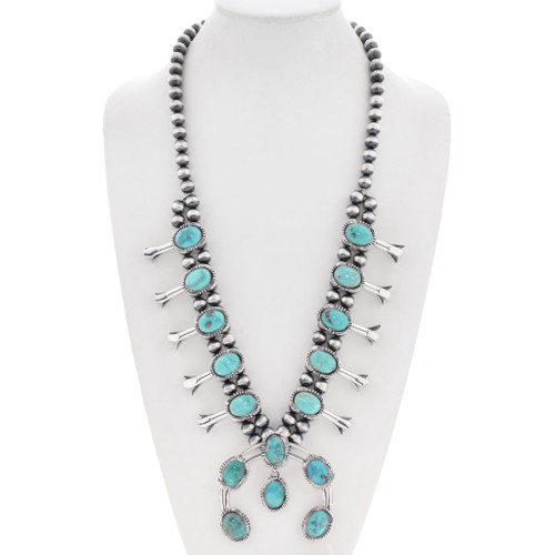 Natural Sonoran Gold Turquoise Navajo Squash Blossom Necklace 43513