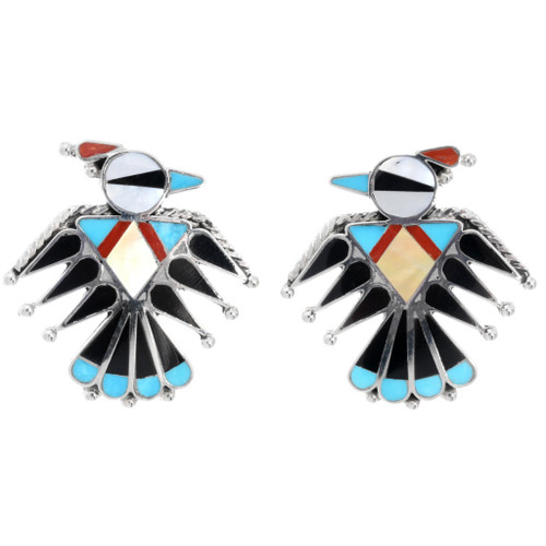 Zuni Inlaid Thunderbird Silver Post Earrings by Adrian Wallace 43742
