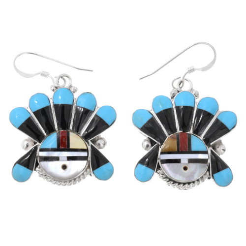 Sunface Kachina Zuni Inlaid Dangle Earrings by Clarence