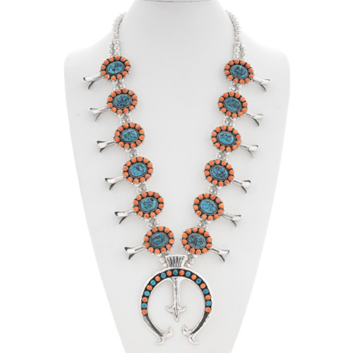 Navajo Spiny Oyster Turquoise Silver Squash Blossom Necklace 44632