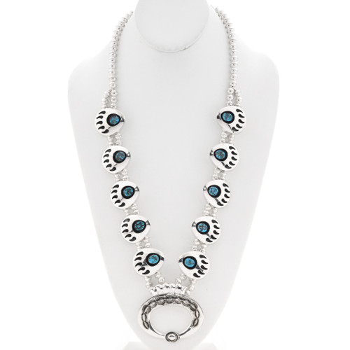 Turquoise Nugget Bear Paw Navajo Squash Blossom Necklace 44937