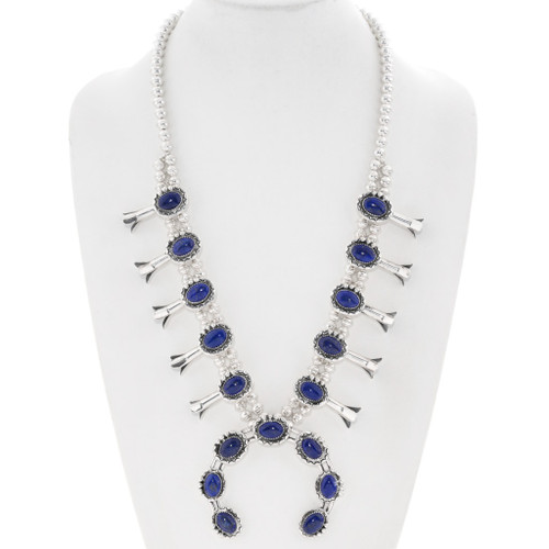 Blue Lapis Silver Navajo Squash Blossom Necklace 46074