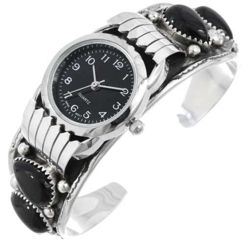 Navajo Black Onyx Silver Ladies Watch Bracelet Cuff 46157 display picture 1
