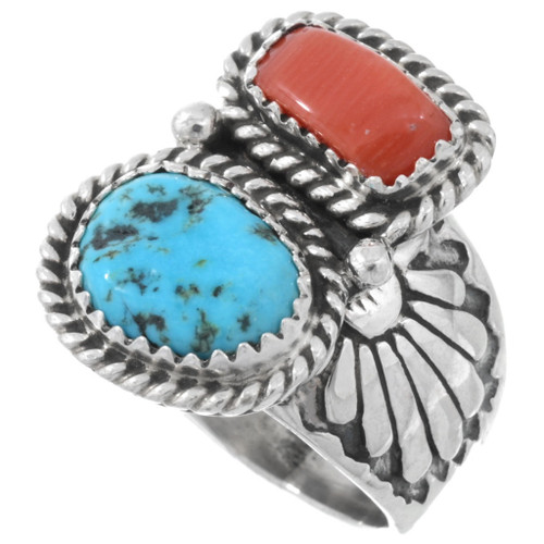Navajo Traditional Sterling Turquoise Coral Ring Navajo by Keith