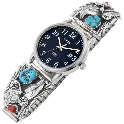 Coral Kingman Turquoise Navajo Mens Sterling Watch Tips 46973