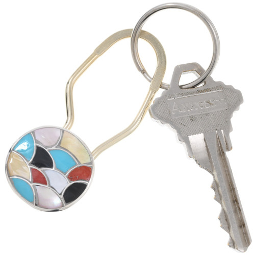 Zuni Inlaid Multi Stone Fish Scale Shell Silver Key Ring 47077