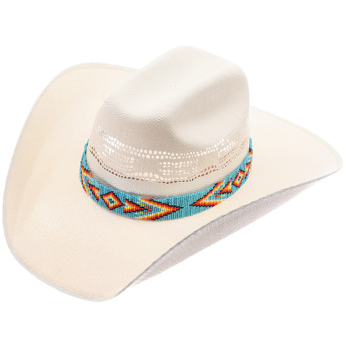 Classic Straw Boater Hat with Cream Ribbon & Turquoise Beaded Band |Coastal Boho Vintage Natural Straw Pale Blue Ribbon Bow Boater Hat, The  main image 4