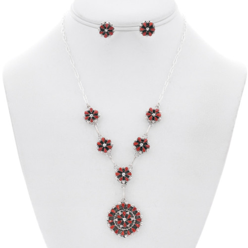 アクセサリー minami jewelry O-020 Zuni Coral Necklace Cluster Design Sterling Silver Earring Set by