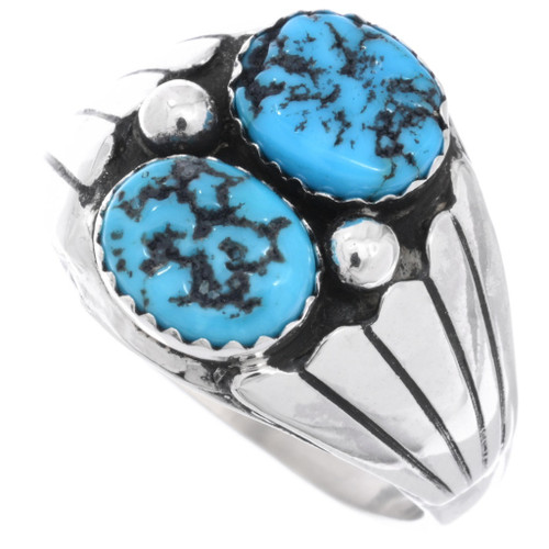 Turquoise Nugget Sterling Mens Ring Two Stone Silver 48820