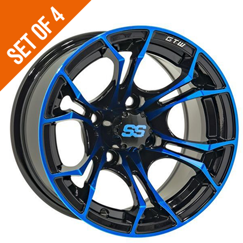 Set of 4 - GTW Spyder 15 inch Black and Blue Golf Cart Wheel With 3:4 Offset