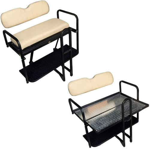 Club Car Precedent Golf Cart Flip Folding Rear Back Seat Kit for 2004 and Up with Diamond Plate Deck - Buff