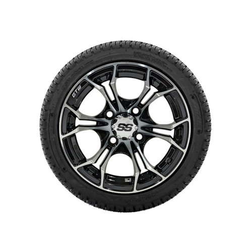 12" Spyder Black/Machined Golf Cart Wheels on 205/30-12 (18") DOT Tires-Set of 4