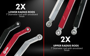 High Clearance Heavy Duty Radius Rod Set (4) - Red 14-16 Polaris RZR Freedom Off-Road High Clearance Heavy Duty Radius Rod Set (4) - Red 14-16 Polaris RZR Freedom Off-Road