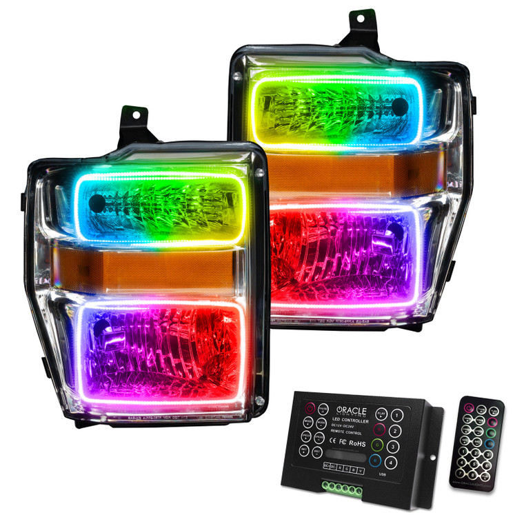 Oracle 08-10 Ford F250 Pre-Assembled Halo Headlights - Chrome Housing - ColorSHIFT w/ 2.0 Controller