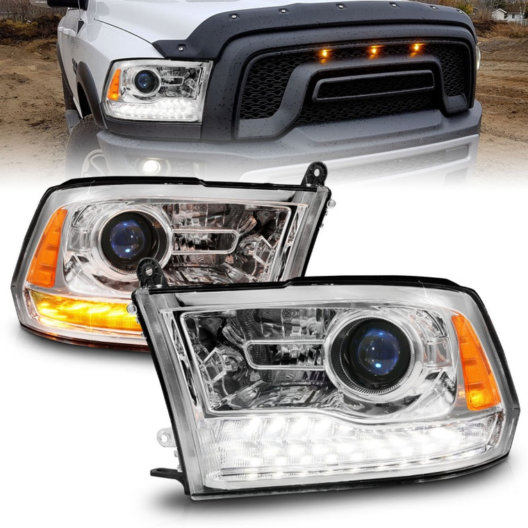 ANZO 09-18 Dodge Ram 1500/2500/3500 LED Plank Style Headlights Switchback + Sequential - Chrome