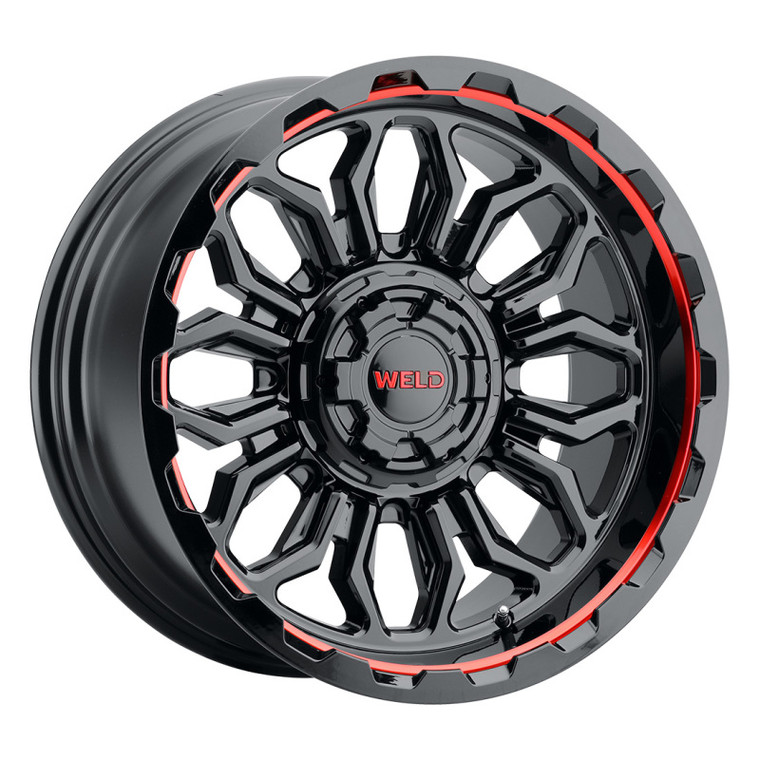 Weld W140 20X12 Flare 6X135 6X139.7 ET-44 BS4.75 Gloss Black MIL Red 106.1