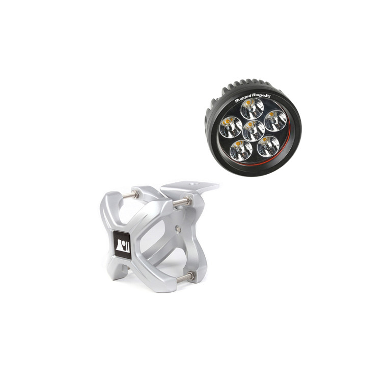 Rugged Ridge Large X-Clamp & Round LED Light Kit Silver 2-Pc.