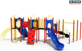 Red Rover commercial playground designed for ages 5 to 12 front view shown in primary colors