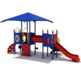 Early Explorer playground is designed for children ages 2 to 12,  back view display shown  in primary colors