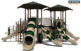 Playtime commercial playground for ages 5 -12, front view, shown in natural color scheme