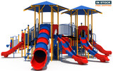 Playtime commercial playground for ages 5 -12, front view, shown in primary color scheme