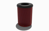 32 Gallon Trash Receptacle - Punched Steel. Comes with 32 gallon plastic liner and flat top lid.  Shown in Red