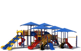 Wonderland commercial playground structure back view shown in primary color scheme