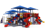 Wonderland commercial playground structure front view shown in primary color scheme