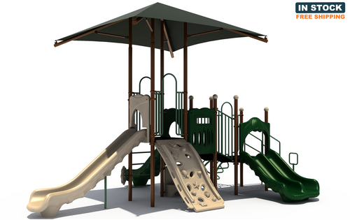 Keep It Cool Playground.  Playground Equipment Designed for Ages 2 to 12.  Shown in natural color scheme, front view.