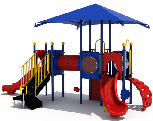 Early Explorer playground is designed for children ages 2 to 12,  front view display shown  in primary colors