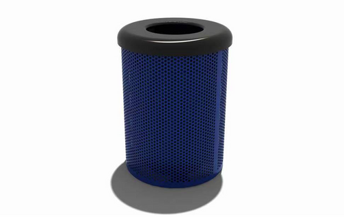 32 Gallon Trash Receptacle - Punched Steel. Comes with 32 gallon plastic liner and flat top lid.  Shown in Blue