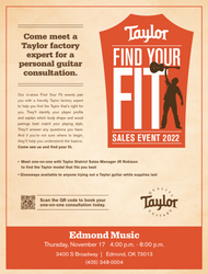 Taylor Guitars Find Your Fit Event - Thursday, Nov 17th 4pm - 8pm - Edmond Music, Oklahoma Taylor Guitars Find Your Fit Event - Thursday, Nov 17th 4pm - 8pm - Edmond Music, Oklahoma