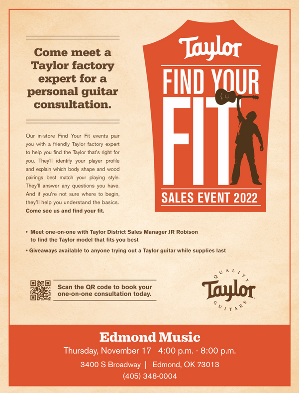 Taylor Guitars Find Your Fit Event - Thursday, Nov 17th 4pm - 8pm - Edmond Music, Oklahoma