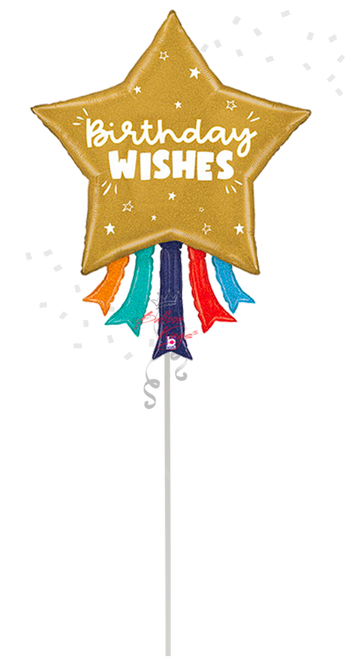 Holographic gold Birthday Wishes star balloon for Dallas birthday celebrations