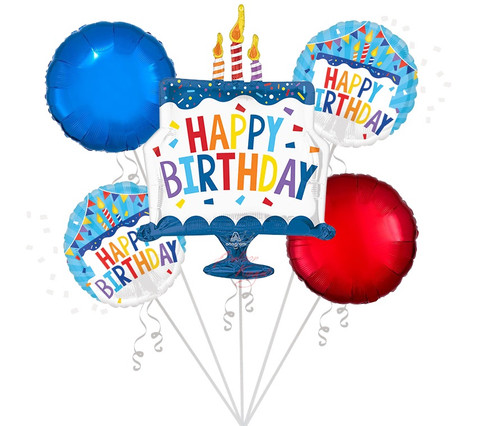 Tiered cake Happy Birthday balloon bouquet with colorful accents for NYC celebrations