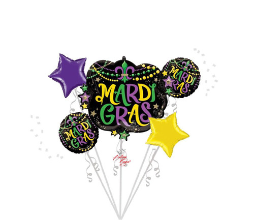 Mardi Gras foil balloon bouquet with bead accents balloon delivery Dallas