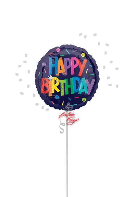 Happy Birthday Bold 18 inch round navy foil balloon with colorful lettering NYC delivery.